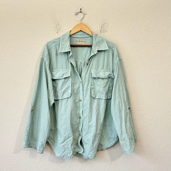 WE THE FREE Made For Sun Linen Shirt Mint Green Roll Tab Sleeve - Picture 1 of 13